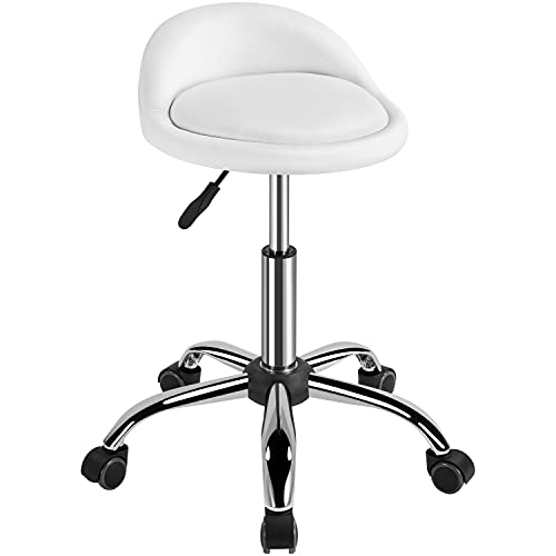 Yaheetech Tabouret à Roulette Erconomique Tabouret Haut roulettes Coussin de Massage Salon Tabouret Hauteur Réglable pour Coiffure Cuisine Bureau Clinique Pub Blanc