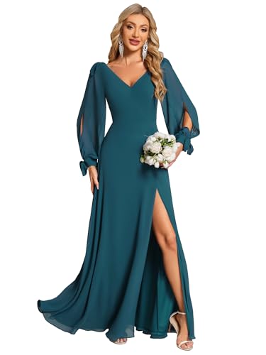 Image of Ever-Pretty Women's Fall Winter Formal Wedding Guest Dress Long Sleeve V Neck Chiffon Floor Length Bridesmaid Dresses 80116