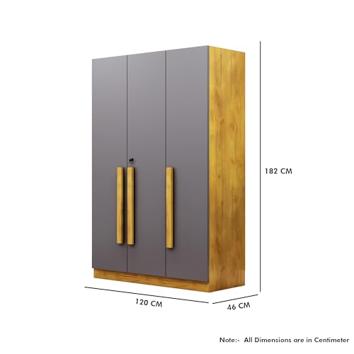 Image of Bniture 3 Door Wardrobe for Bedroom with Lockable Door & Hanging Space | Almirah for Clothes with Elevated Bottom Base | Wardrobe for Storage | 3 Years Warranty (Giant Wood & Slate Grey, HXWB111)
