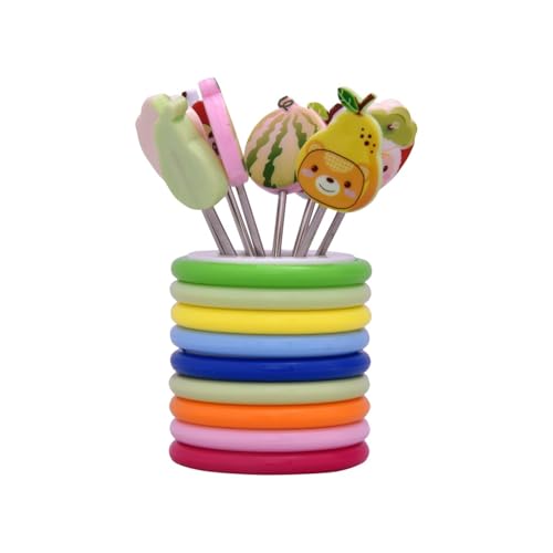 Image of Baby Self Feeding Spoon and Fork Set with Travel Case Stainless Steel Kids Cutlery Toddler Training Utensils Color as per Stock (Fruit Forks with Rings Stand)