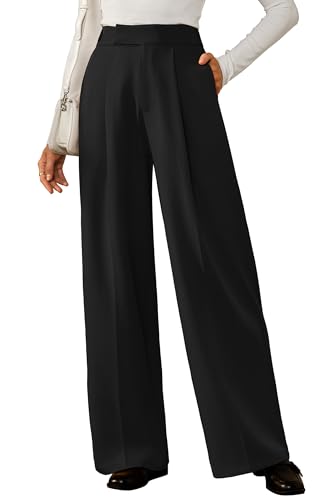 Arach&Cloz 2025 Women's Wrinkle Free Wide Leg Fall Pants High Elastic Waisted Pleated Loose Palazzo Pants Pockets Dressy Work Trousers Business Casual Teacher Outfits Ankle Petite Regular Black M