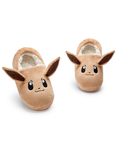 Pokémon Chaussons Filles | Slip-On Enfant avec Visage Eevee et Oreilles 3D | Chaussons Maison Fourrure Marron | Vêtements Chambre Intérieure Série TV