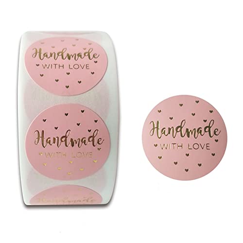 lurora2021 500 Pegatinas de Handmade With Love Etiquetas Autoadhesivas Hechas A Mano 2.5cm Redondas Etiqueta Autoadhesiva para Decoración de Pegatinas de Regalo para Hornear DIY, 1 Rollo Rosa - 2,5 Cm Cover