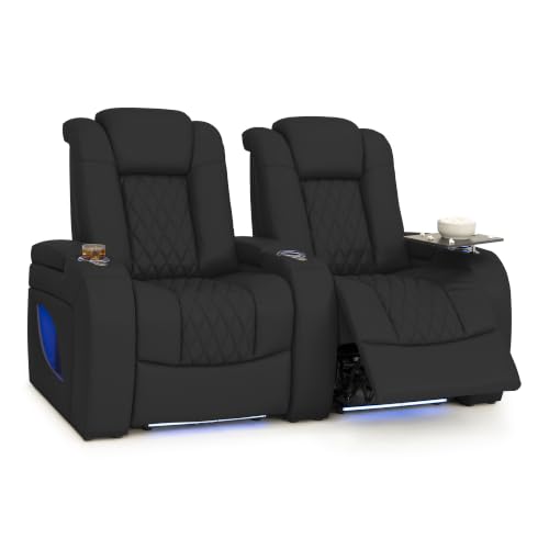 Image of Seatcraft Virtuoso LT Black Italian Leather Home Theater Seating, Zero Gravity Power Recliner, Powered Headrest and Lumbar Gaming and Home Office Chair, Heat and Massage Lounge Sofa, Row of 2