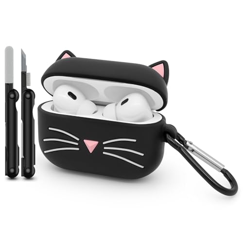 Dumkery Cute Airpods Pro Case, Black Whisker Cat Kitty Airpods Pro 2 Case, Funny 3D Cartoon Animals Shockproof Soft Silicone Charging Case Cover with Carabiner Cleaner Kit for Kids Girls Women