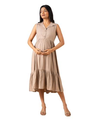 Image of The Mom Store Printed Maternity & Nursing Dress for Women | Cotton | Feeding Dress | Midi Dress | Pregnancy & Postpartum Wear | Stylish Causal Wear Dress for New Mom