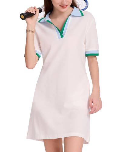 Image of WOWULOVELY Polo Dress for Women V Neck Casual Short Sleeve Mini Shirt Dress Flowy Contrast Color Golf Tennis A Line Dresses(White-M)