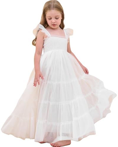 Flower Girls Dress for Wedding Boho Toddler Girls Ruffle Tulle Elegant with Sleeves Garden Party Beach Holiday