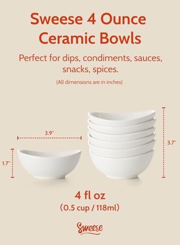 Sweese 123.001 Porcelain Mini Bowls - 4 Ounce for Dipping Sauces, Small Side Dishes - Set of 6, White