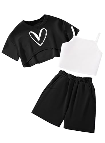 Image of Hilinker Girls 3 Piece Summer Outfits Graphic Crop Tee and Cami Top with Shorts Set