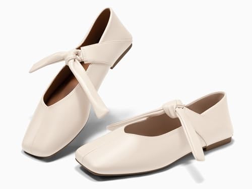 Coutgo Womens Mary Jane Flats Bow Square Toe Ballet Flats Dressy Comfortable Slip on Flat Shoes4
