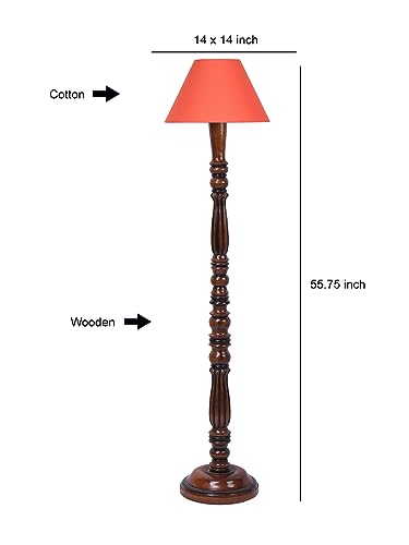 Image of Floor Lamp with Wooden Base - Height 55 inch, Orange | Modern Standing Lamp for Living Room, Bedroom & Office | Stylish & Elegant Home Lighting Decor | Tall Decorative Lamp
