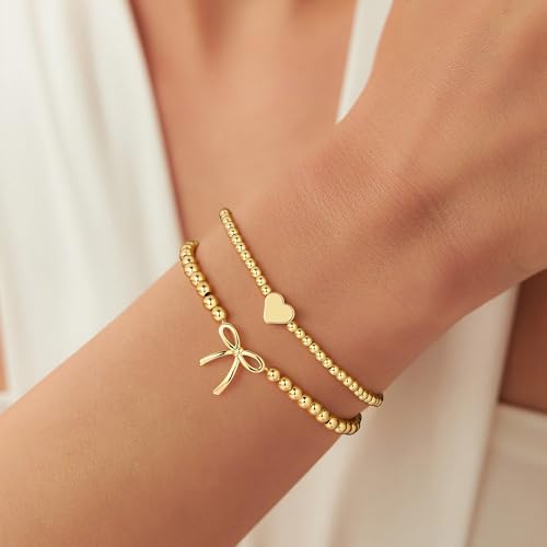 Turandoss Gold Beaded Bracelets for Women Teen Girls - Dainty 14K Gold Plated Bow Beaded Stretch Bracelets Stackable Bow Cross Heart Wave CZ Bracelet Trendy Jewelry Gifts for Women Teen Girls - Image 4