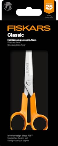 Fiskars Classic Haarschere, Mit Fingerauflage, Rechts- und Linkshändig, Gesamtlänge: 17 cm, Verbesserte Griff-Ergonomik, Qualitätsstahl/Kunststoff, Orange, 1075062
