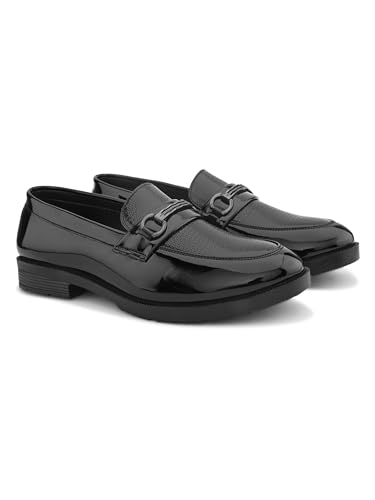 Image of STANPHORD Men Glossy Horsebit Loafer Shoes | Shiny PU Slip-On Moccasins | Cushioned Anti-Slip | Office Formal Party Business Wear(TPSL 25013)