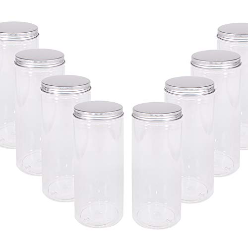 zmybcpack 8 Pack 20 oz (600 ml) Clear Straight Cylinders Plastic Storage Jars- Wide Opening Plastic Jars With Aluminum Lids -PET Container for Home & Kitchen Storage of Dry Goods, Peanut
