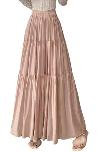 chouyatou Women's Summer A-Line Flare Tiered Maxi Skirt High Waist Flowy Swing Long Pleated Skirts
