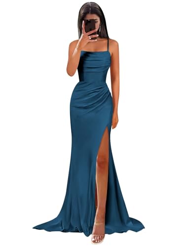 HTBVGO Satin Mermaid Bridesmaid Dresses Long Mermaid Peacock Formal Dress for Women Wedding Guest Size 12
