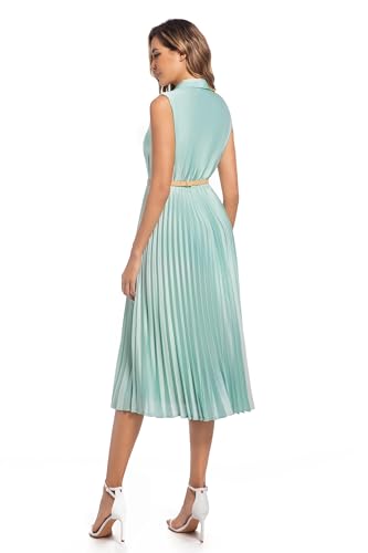 Image of Elegant Satin Midi Dress for Women Slim Long Belted Formal Business Work Casual Dresses