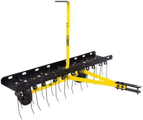 BlumeTrec 48 Inch Tow Behind Dethatcher, Pull Behind Lawn Dethatcher with 24 Spring Steel Tines, Grass Dethatcher, Removes Thatch, Riding Lawn Tractor for Large Lawns, Yard and Garden Care
