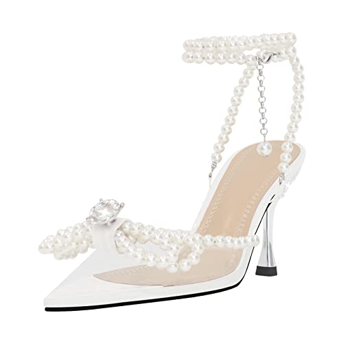 Missheel White Pearl Heels Clear Closed Toe Pumps With Bow High Heels Stiletto Ankle Strap Heeled Sandals Wedding Shoes Size 9 #TOP26