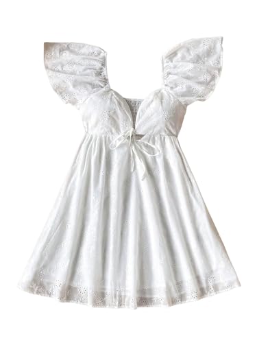 Image of MakeMeChic Women's Casual Ruffle Mini Dress Summer Flutter Sleeve V Neck Tie Front Cutout A Line Dress
