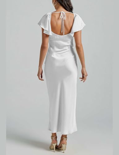 Image of Summer Satin Flutter Sleeve Wedding Guest Dresses for Women Sweetheart Neckline Cutout Tie Back Midi Cocktail Dress