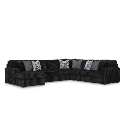 Image of Signature Design by Ashley 6-Piece U-Shape Sectional with Chaise, Black | Jumbo corduroy 100% polyester fabric, Platform foundation system, Living room use, 9 toss pillows, Midnight-Madness Series