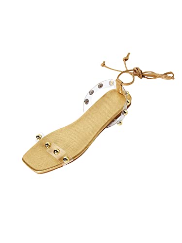 GORGLITTER Women's Metallic Lace Up Flat Sandals Dressy Clear Strappy Square Open Toe Summer Sandals