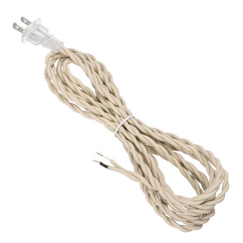 uxcell 6Ft 18/2 Twisted Cloth Covered Lamp Cord, Vintage Fabric Electrical Wire with Plug Stripped Ends Ready for Extension Wiring DIY Repairing, Beige