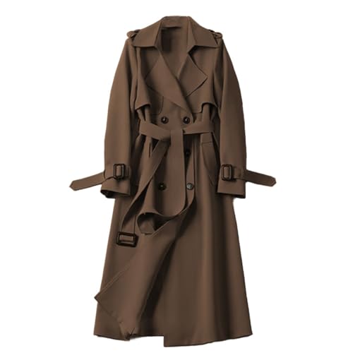 Women's Double Breasted Long Trench Coat Belted Notch Lapel Overcoat Classic Outerwear Casual Slim Windbreaker