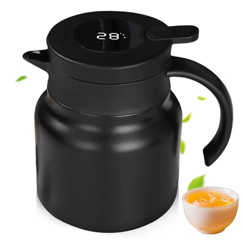 1.5l Thermos, Cafetière en acier inoxydable, Thermos café 304 Acier Inoxydable Double-Wall Vacuum, Pichet isotherme avec affichage de la température pour Eau Chaud au Bureau Hôtel et Restaurant (Noir)