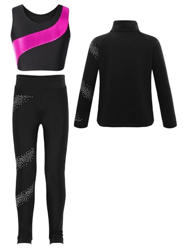 JEATHA Kids Girls 3PCS Sport Outfits Athletic Zip-up Track Jacket with Crop Top and Leggings Set Activewear2