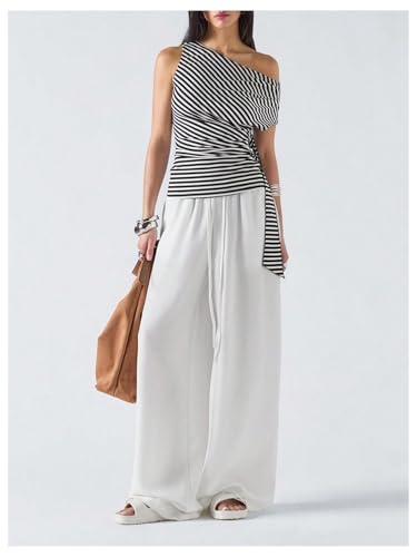 SHENHE Women's Striped One Shoulder Top Ribbed Knit Short Sleeve Ruched Draped Dressy Going Out Shirt4