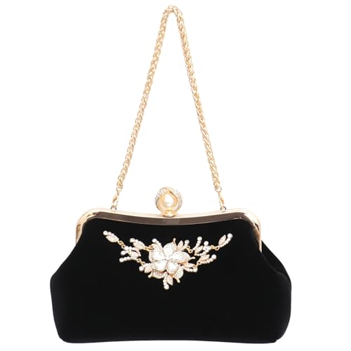 Pochette de banquet en peluche noire et cristaux pour femme avec chaîne