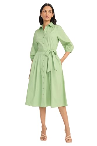 Image of Maggy London Women's Women's Button Down Collared Midi Dress with Pockets - 3 /4 Balloon Sleeve - A-line Shirtdress