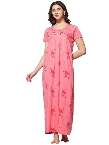 Image of 9shines Label Stylish Cotton Blend Embroidered Maxi Nightdress for Women with Pocket| Full Length Nightwear| Premium Nightdress| Comfortable Nightwear(5256)