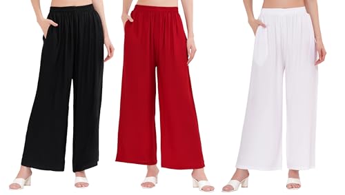 Image of Buy That Trendz Palazzo Pants for Women Rayon Elasticated Regular Fit Flared Wide Leg M to 6XL Pack of 3