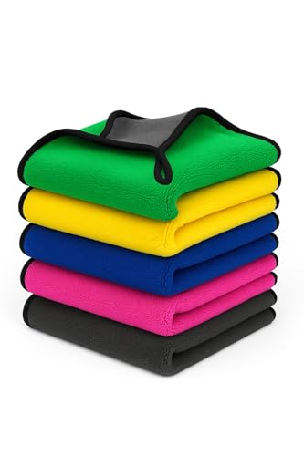 Microfiber Towel for Car Cleaning 500 GSM (Pack of 5)- Micro Fiber Cleaning Towel, Cloth for Dusting Washing & Mirror Glass Cleaning, Microfibre Cloth for Drying & for Car Detailing (5 Colors)