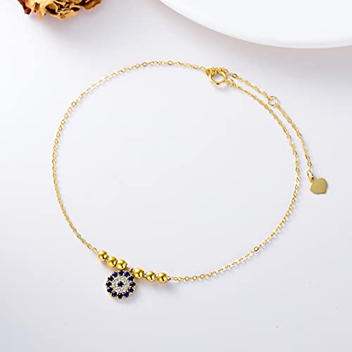 14K Solid Gold Evil Eye Anklet For Women,Yellow Gold Dainty Lucky Evil Eye Dangle Anklets Bracelets Beads Station Anklet Foot Link Beach Anklets Anniversary Birthday Jewelry Gifts For Wife Girlfriend 8''+2'' #TOP3