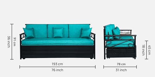 Image of 3 Seater Metal Sofa Cum Bed with Hydraulic Storage | Queen Size Sofa Cum Bed | 3 Seater Sofa Set, Metal Sofa Set for, Living Room, Sea Blue, Queen Size (Sea Blue & Black)