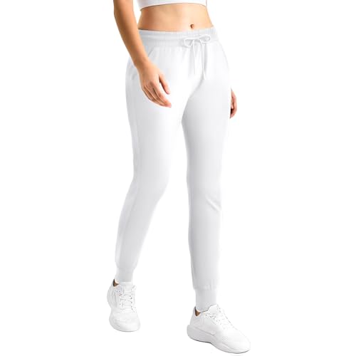 CADITEX Womens Joggers with Pockets,Stretch Active Drawstring Sweatpants Women for Travel Workout Running White M
