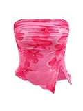 Milumia Girl's Floral Strapless Mesh Tube Tops Lettuce Trim Ruched Slit Bandeau Tops Hot Pink 13 Years