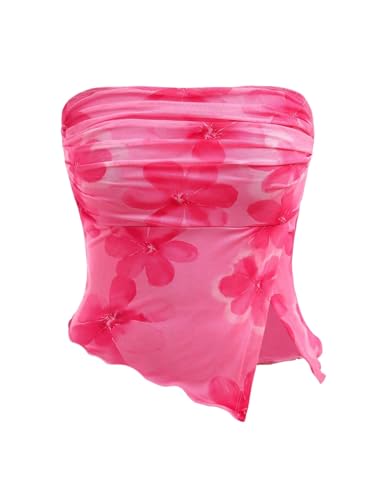 Milumia Girl's Floral Strapless Mesh Tube Tops Lettuce Trim Ruched Slit Bandeau Tops Hot Pink 13 Years