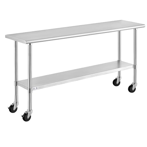 Image of ROCKPOINT Stainless Steel Table for Prep & Work with Caster Wheels 18x72 Inches, NSF Metal Commercial Kitchen Heavy Duty Table with Adjustable Under Shelf and Table Foot for Restaurant, Home and Hotel