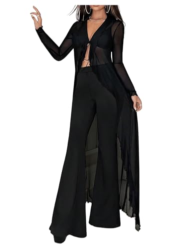Image of GORGLITTER Women's Sexy Tie Front Goth Cardigan Sheer Mesh Long Sleeve Y2k Tops