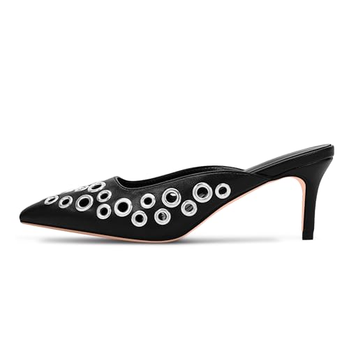 100FIXEO Women's Studded Metal Eyelet Perforated Pumps Stiletto High Heel Pointed Toe Mule Shoes4