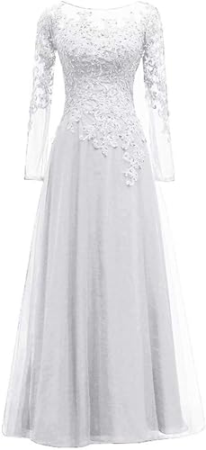 HUINI Tüll Abendkleider Spitze Ballkleider Lang A-Linie Brautjungfernkleider Brautkleid Vintage Festkleid Langarm Weiß 32 HUINI Tüll Abendkleider Spitze Ballkleider Lang A-Linie Brautjungfernkleider Brautkleid Vintage Festkleid Langarm Weiß 32