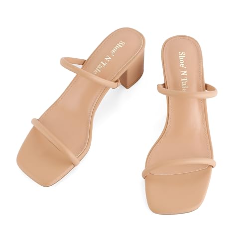 Image of Shoe'N Tale Strappy Heels for Women Square Open Toe Two Strap Low Block Heel Slip on Dressy Sandals Shoes