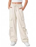 JiAmy Mädchen Baggy Cargo Hose, Schleife Elastische Taille Atmungsaktive Verstellbare Jogger Sommer Kinder Freizeithose Großen Taschen Hosen für 9-10 Jahre, Beige